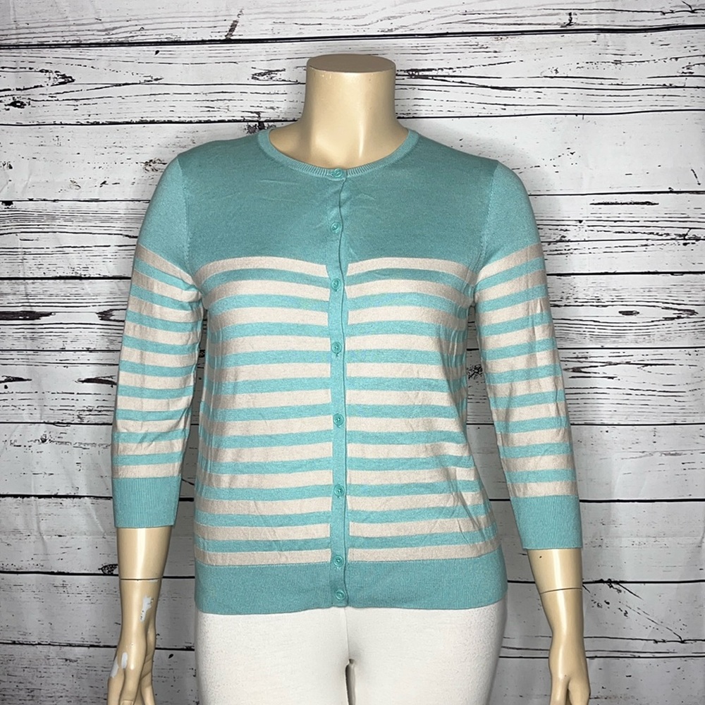LOFT Ann Taylor NWT XLP Blue Stripe Cotton/Wool Blend Button Sweater Cardigan
